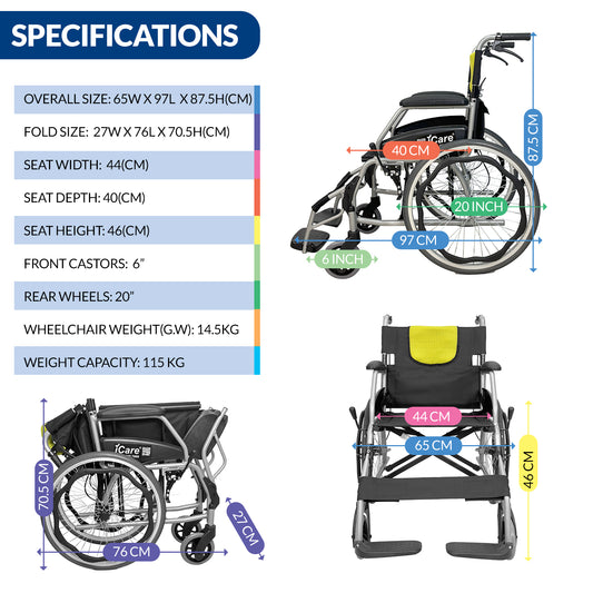 iCare MV21 Self-Propelled Aluminum Manual Wheelchair, Super Lightweight, Foldable & Compact - Easy to Transport