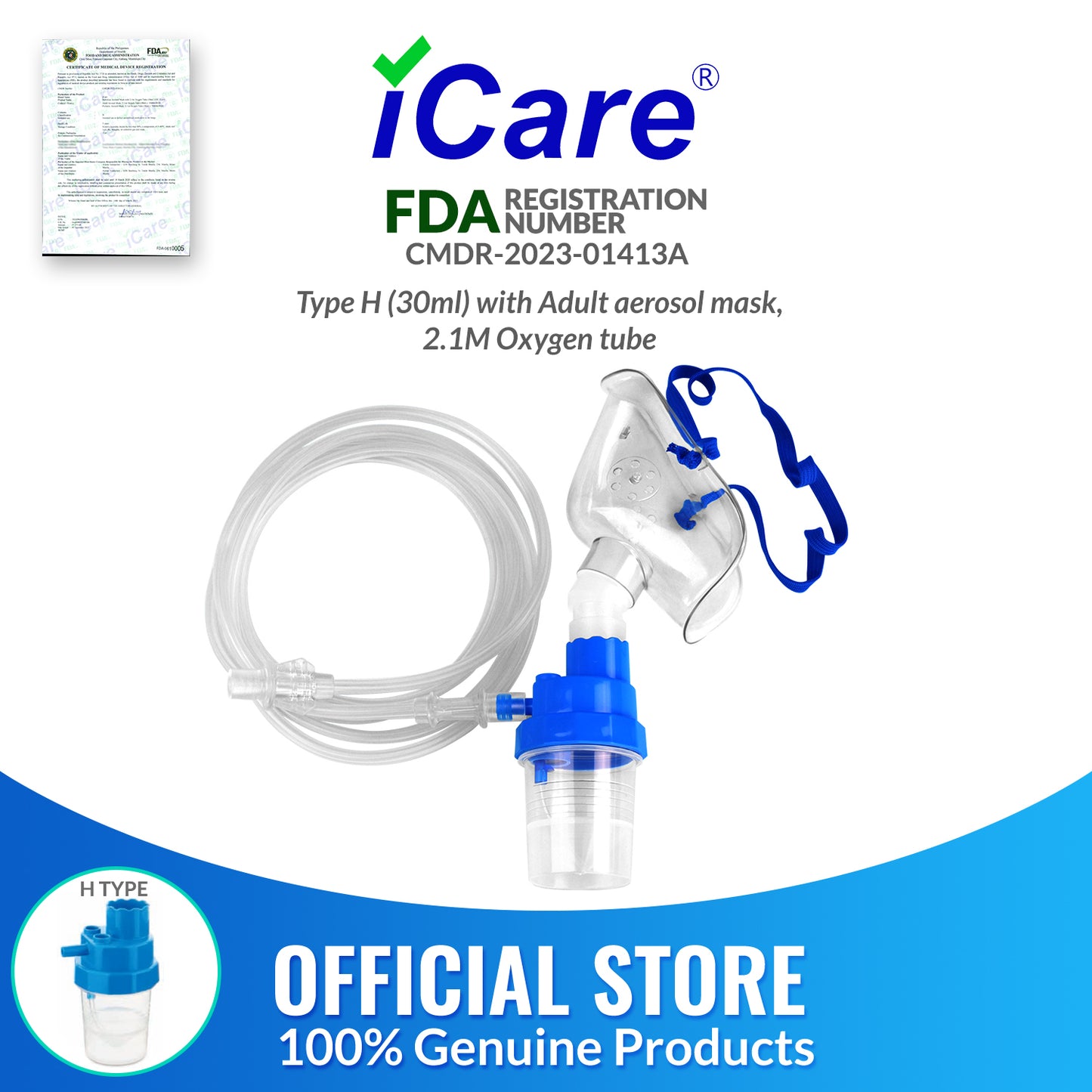 iCare® NM06-001HC Nebulizer Kit (High Capacity 30mL) with Adult Aerosol Mask, 2.1m Oxygen Tube