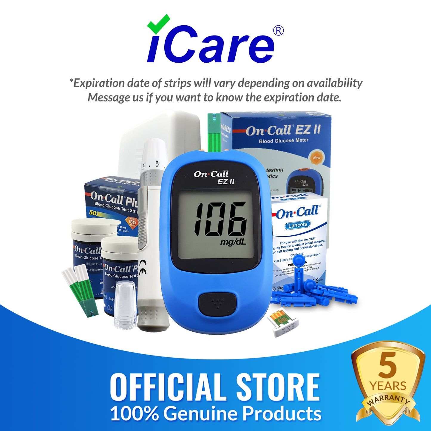 ACON On Call EZII Painless Blood Glucose Meter with Test Strips and Lancets