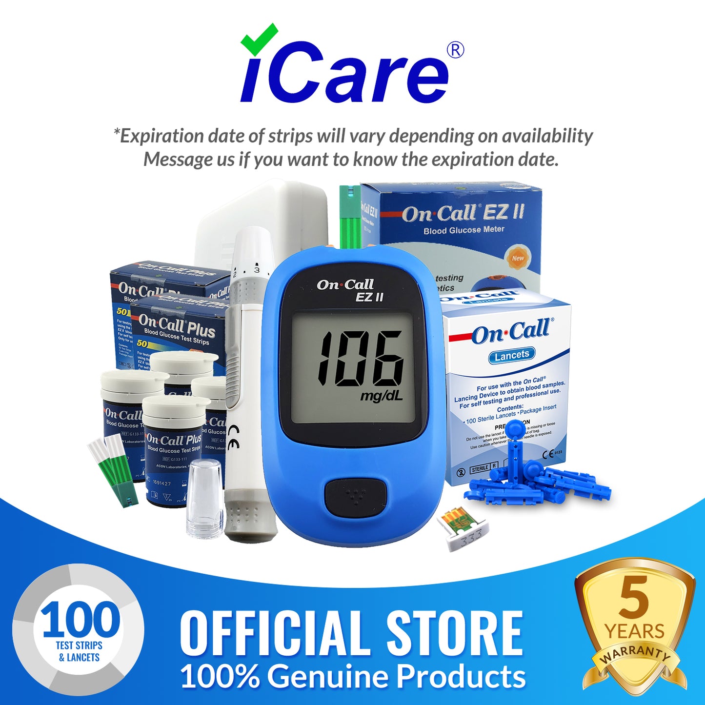 ACON On Call EZII Painless Blood Glucose Meter with Test Strips and Lancets