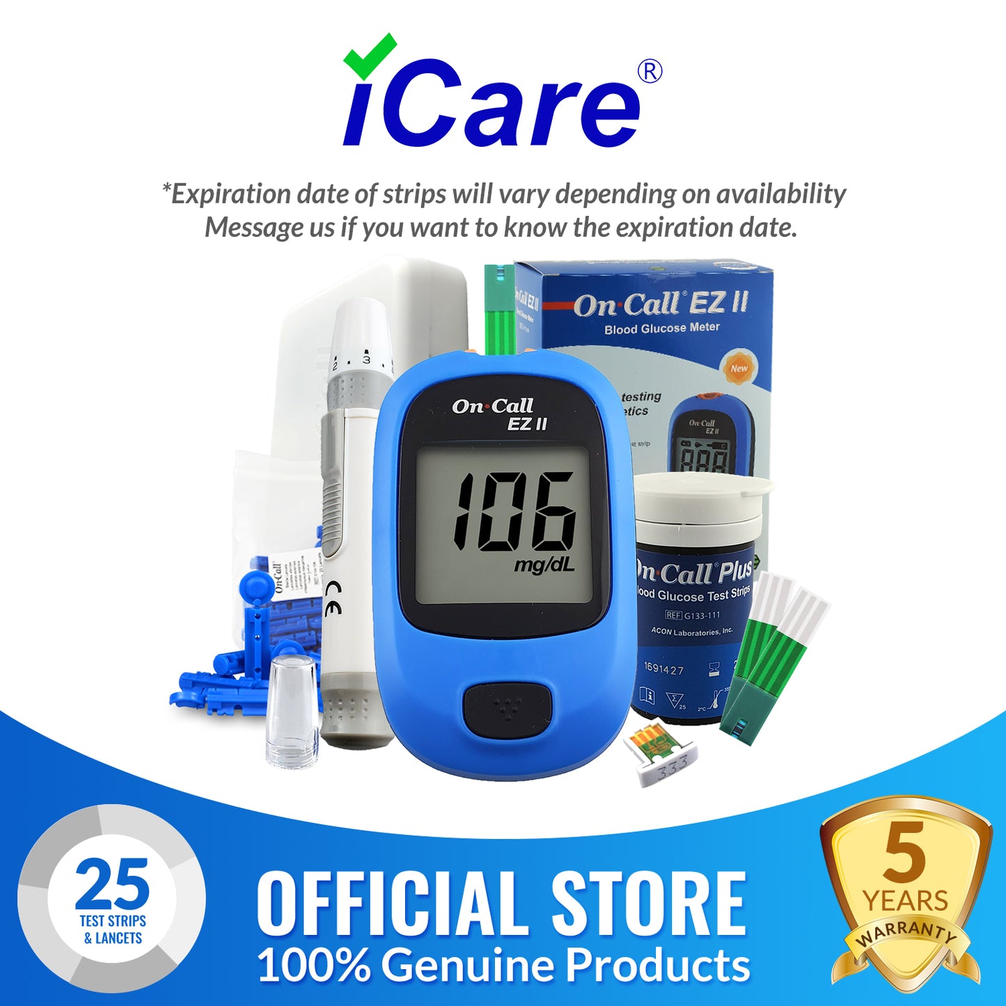 ACON On Call EZII Painless Blood Glucose Meter with Test Strips and Lancets