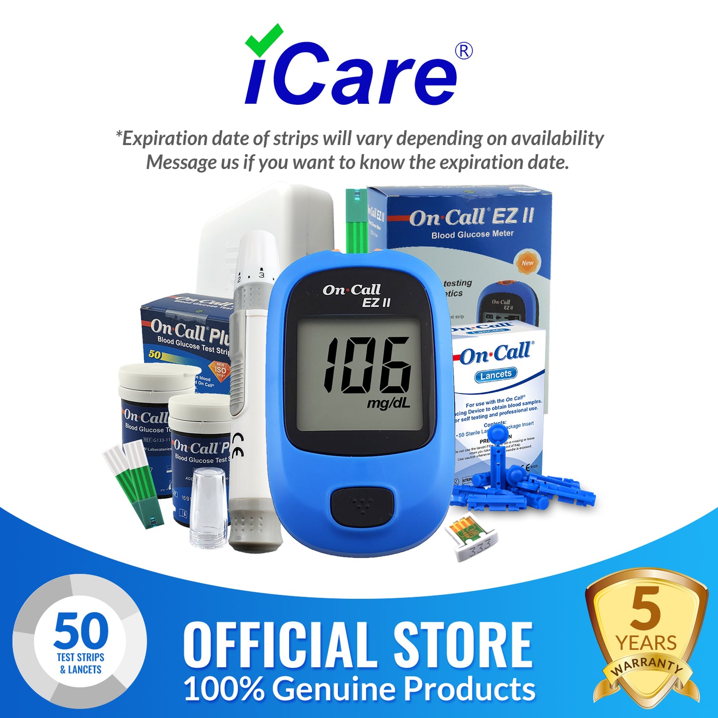 ACON On Call EZII Painless Blood Glucose Meter with Test Strips and Lancets