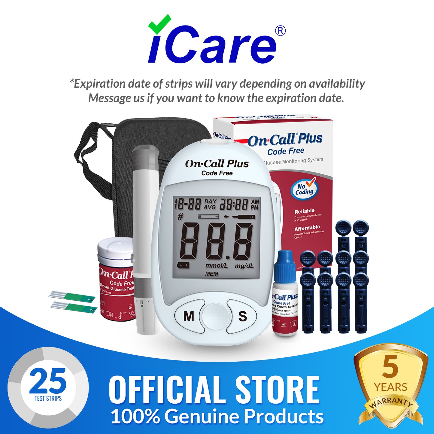 iCare® On Call Plus Code Free Blood Glucose Meter (COMPLETE SET) Blood Sugar Monitoring Kit