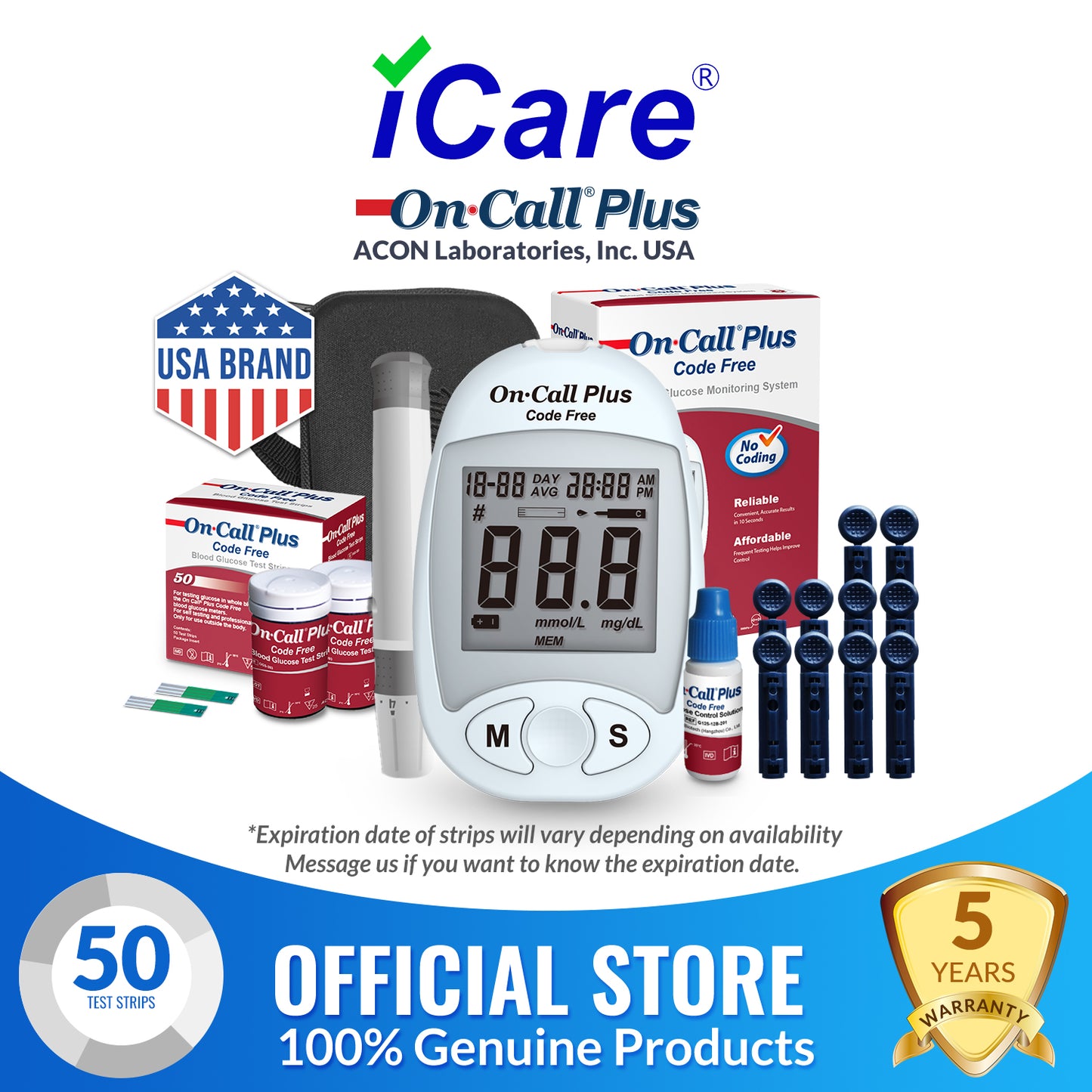 iCare® On Call Plus Code Free Blood Glucose Meter (COMPLETE SET) Blood Sugar Monitoring Kit