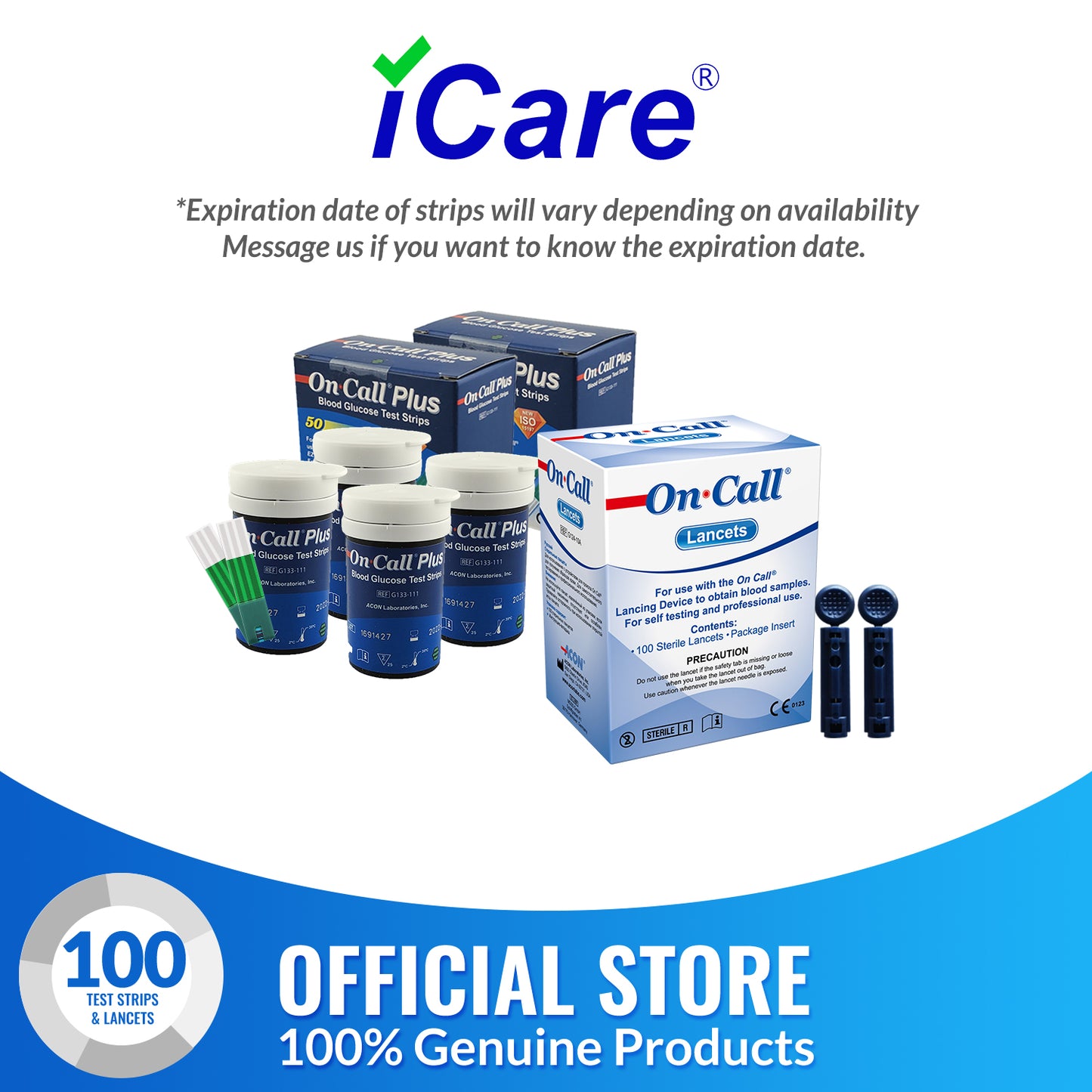 iCare® On Call EZII Test Strips 25/50/100 Pieces in Vial with Free Sterile Lancets➜ ONLY COMPATIBLE WITH EZII GLUCOSE METER