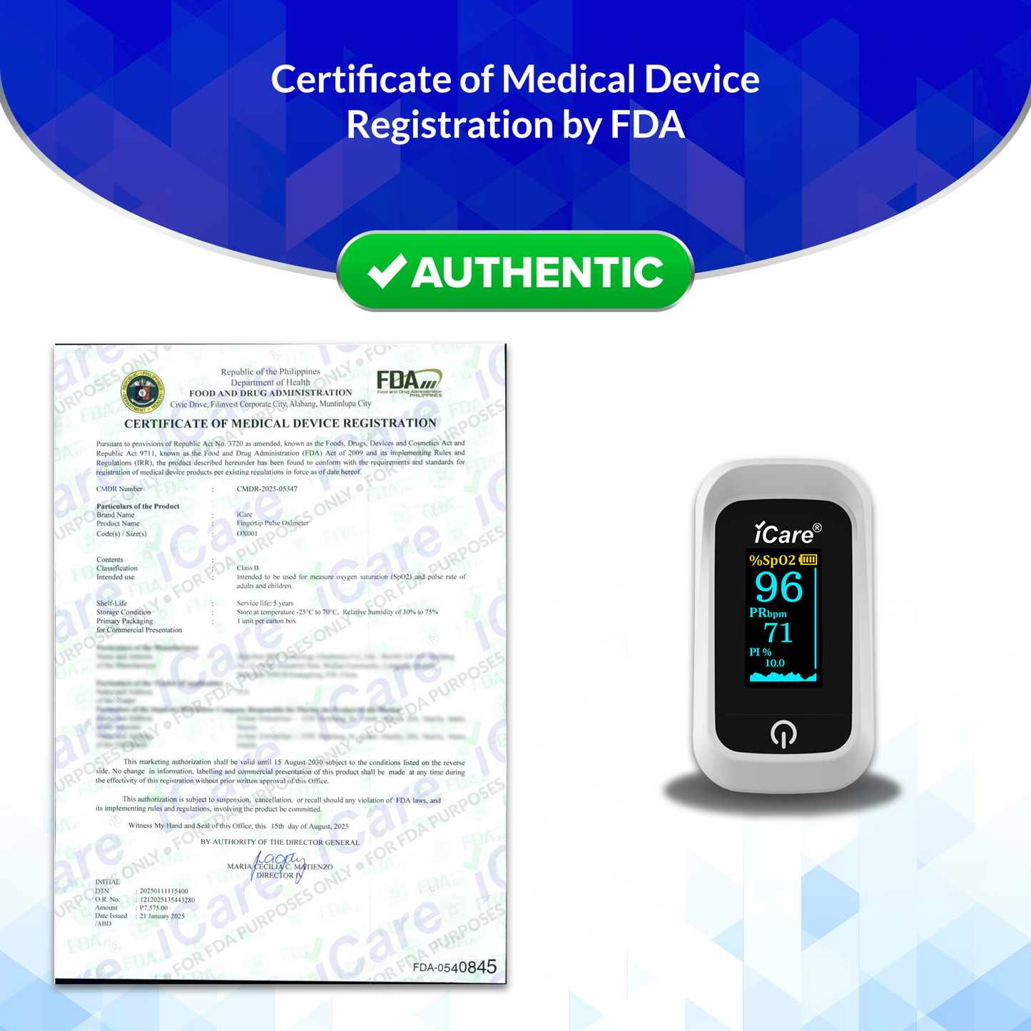 iCare® OX001 Fingertip Pulse Oximeter, (SpO2)Blood Oxygen Saturation Monitor with Pulse Rate Measure