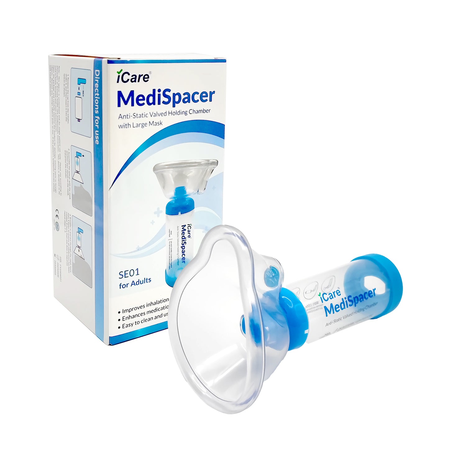 iCare® SE01 MediSpacer Chamber Chamber Spacer (NO INHALER INCLUDED) for Adults with Large Mask, Fit Any Size, Sealed Package, Clean and Safe, for with your Asthma Inhaler, Ventolin via Chamber Spacer