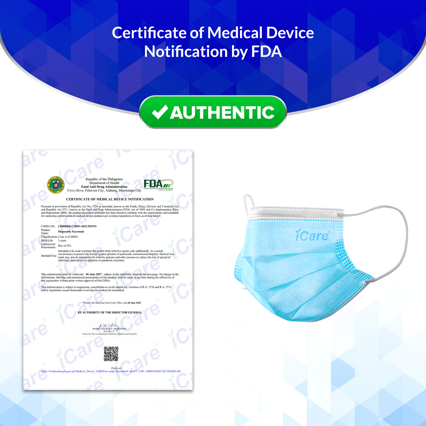 iCare® REF285 Disposable Face Mask ( Type II For Medical Use) with Comfortable Elastic Earloop