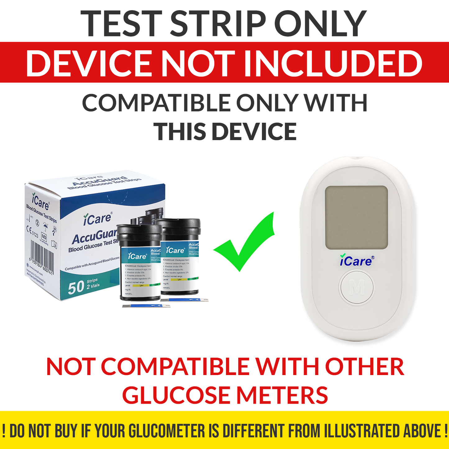 iCare AG-T100 100pcs Test Strips & 100pcs Lancets Compatible with BG003 and AccuGuard Blood Glucose Meter ONLY