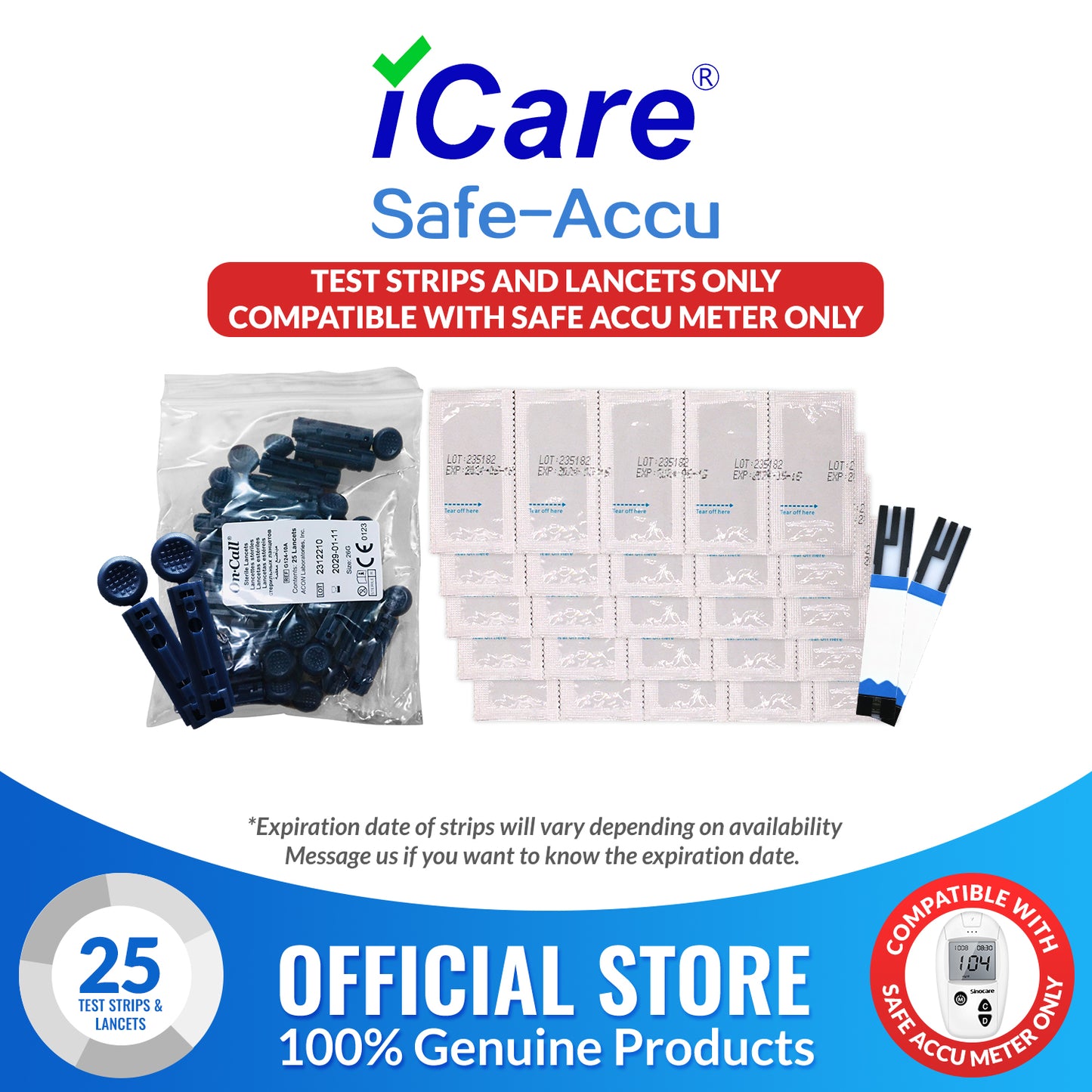 iCare® Safe Accu Glucose Test Strips & Lancets ONLY COMPATIBLE WITH SAFE ACCU GLUCOSE METER SA