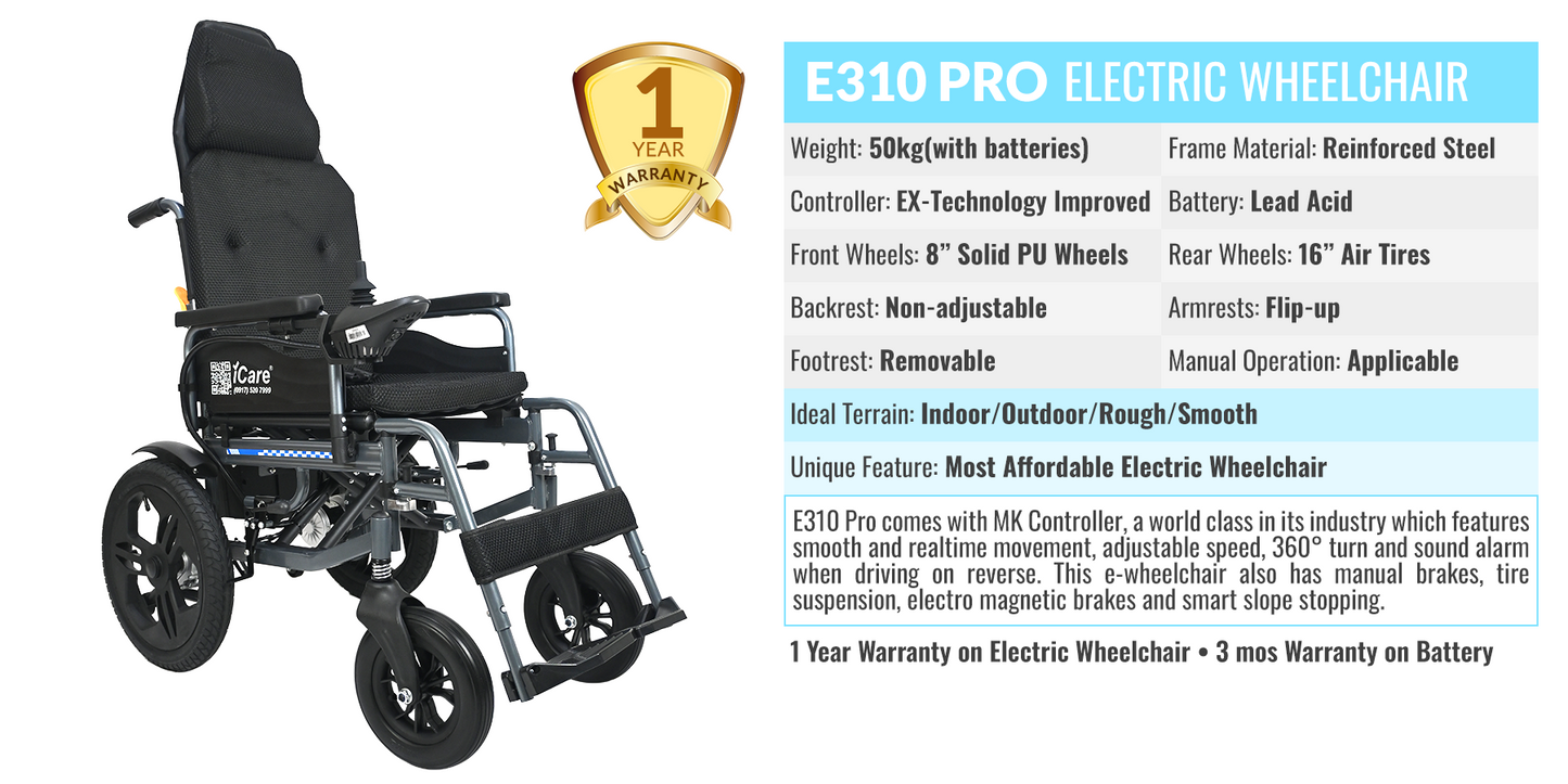 iCare® E310 Pro New Model Electric Wheelchair HEAVY DUTY (110kg Load Limit, 50kg Wheelchair Weight)