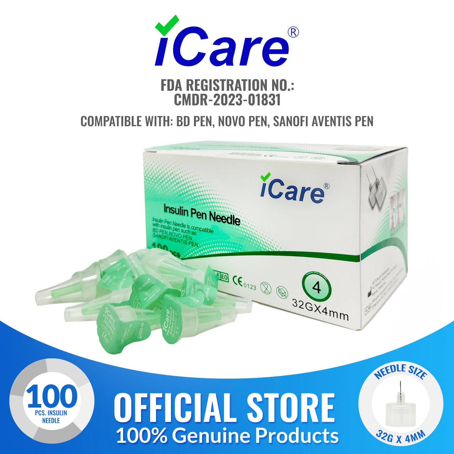 iCare® Insulin Pen Needle 100pcs. (32G x 4mm)