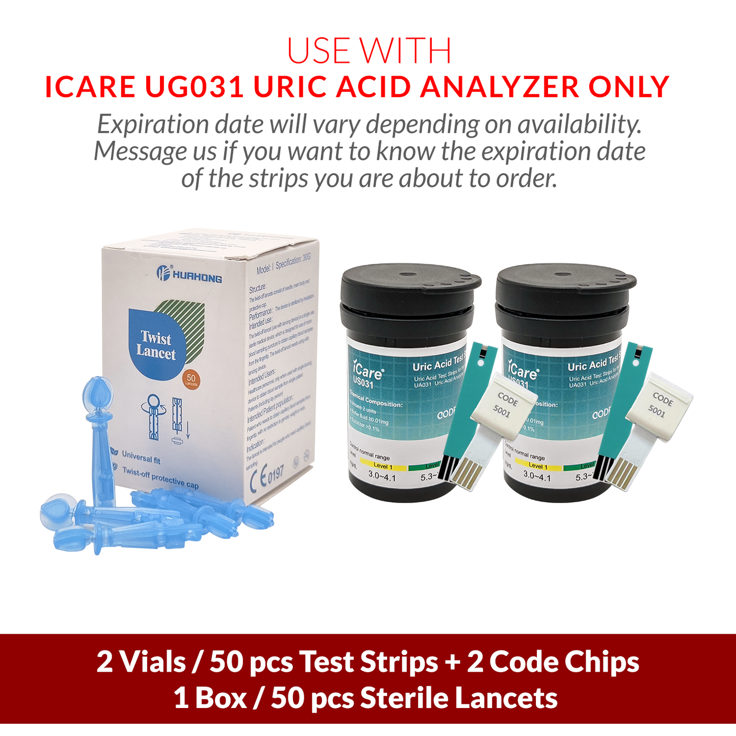 iCare U-T50 Uric Acid Test Strips 50pcs with Lancets 25pcs for iCare U01 Uric Acid Analyzer Test Strips & Lancets ONLY