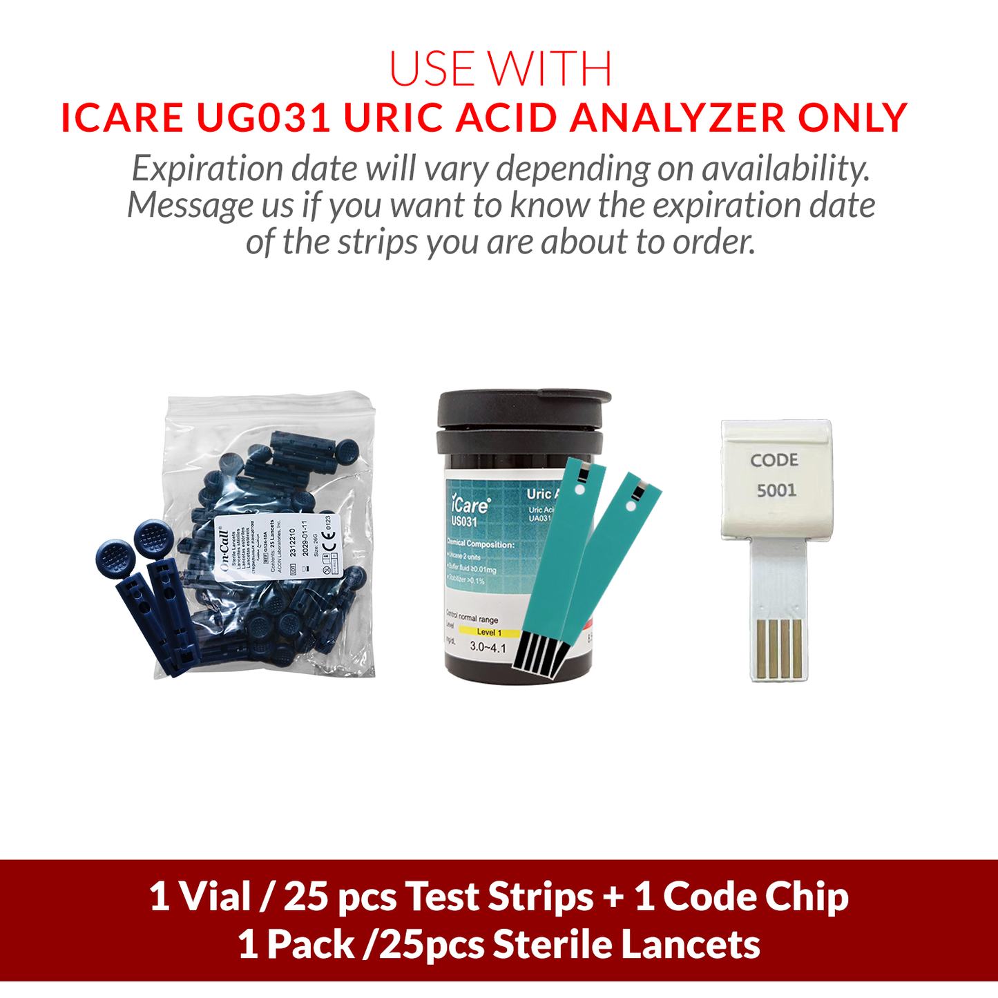 iCare U-T25 Uric Acid Test Strips 25pcs with Lancets 25pcs for iCare U01 Uric Acid Analyzer Test Strips & Lancets ONLY