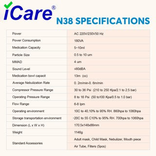 iCare® N38 Ultra Compressor Nebulizer Inhalator with Adult and Children Mask Kits