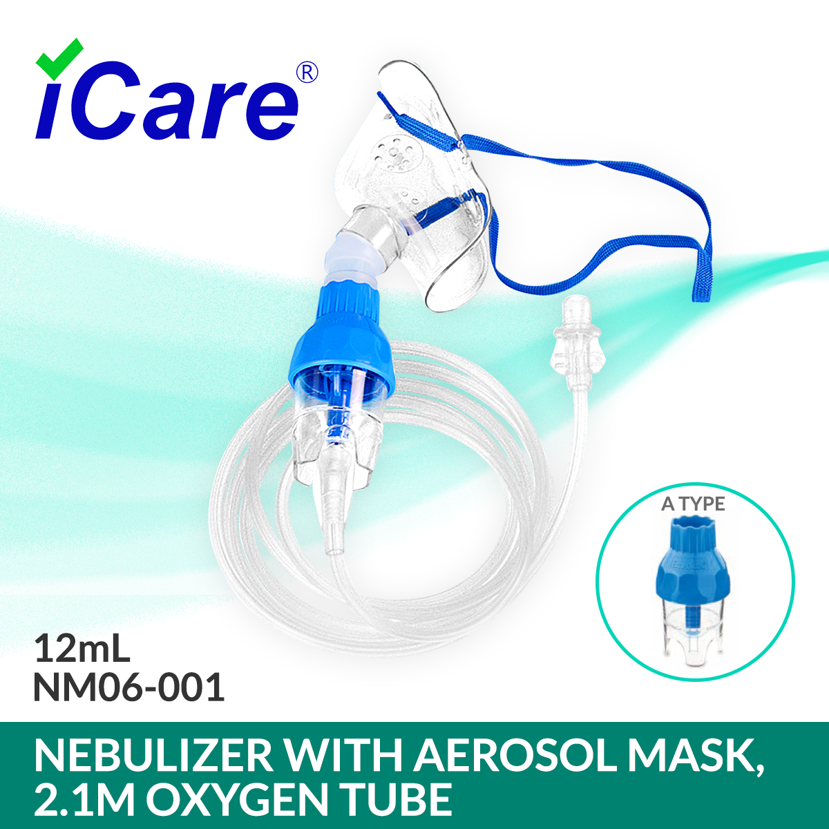 iCare® NM06-001A (12ml) Nebulizer Kit with Adult Aerosol Mask, 2.1m Oxygen Tube