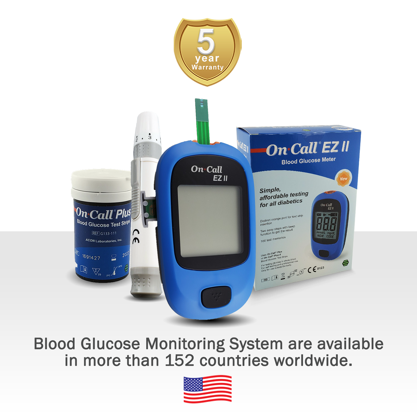 ACON On Call EZII Painless Blood Glucose Meter with Test Strips and Lancets