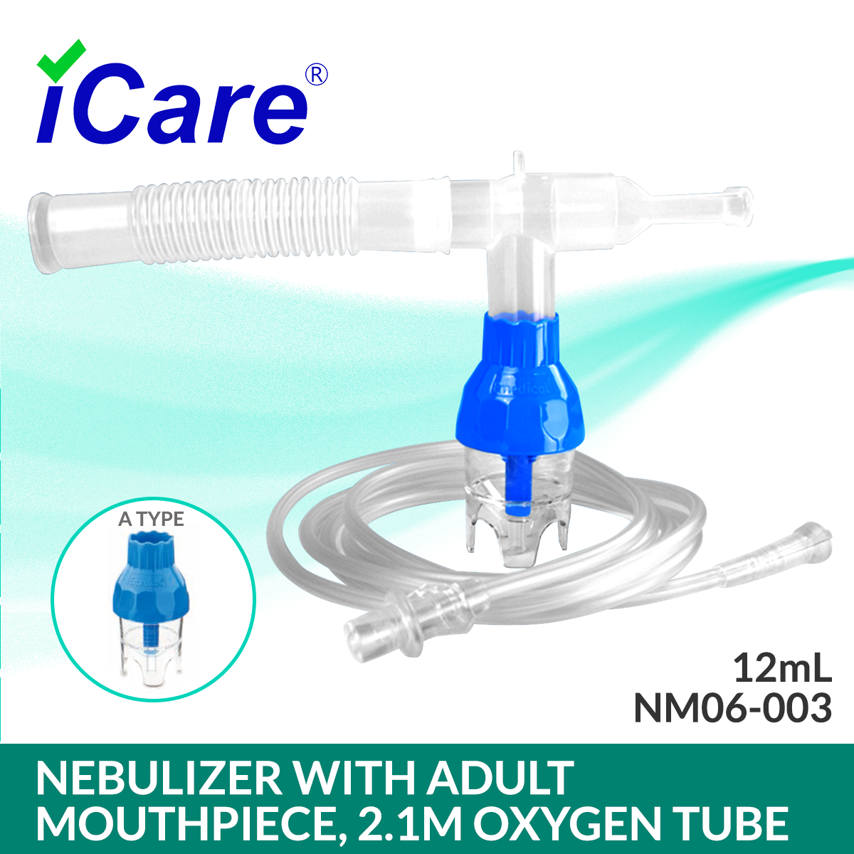 iCare® NM06-003A (12mL) Nebulizer Kit with T Connector, Mouth Piece, 14cm Corrugated Tube, 2.1m Oxygen Tube