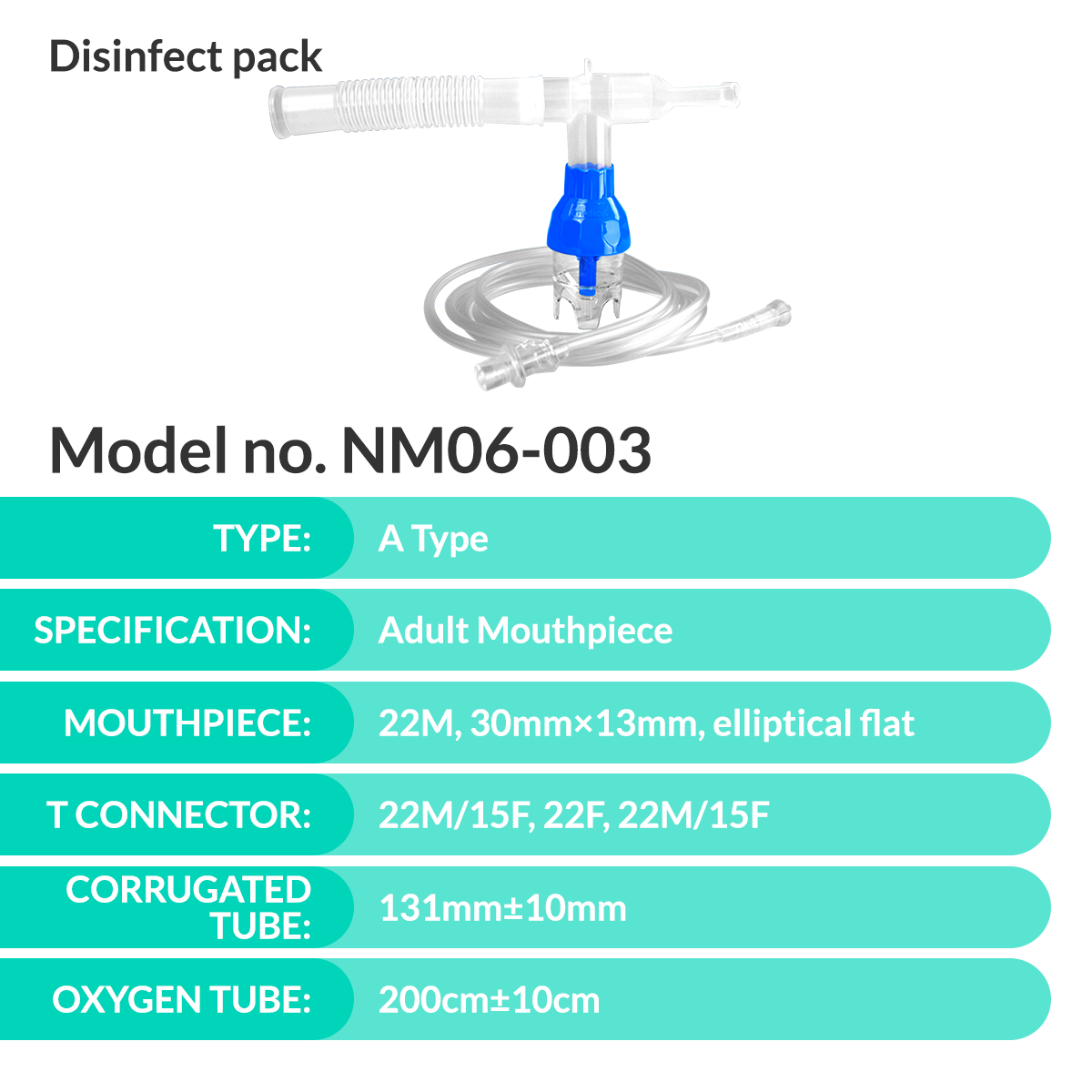 iCare® NM06-003A (12mL) Nebulizer Kit with T Connector, Mouth Piece, 14cm Corrugated Tube, 2.1m Oxygen Tube