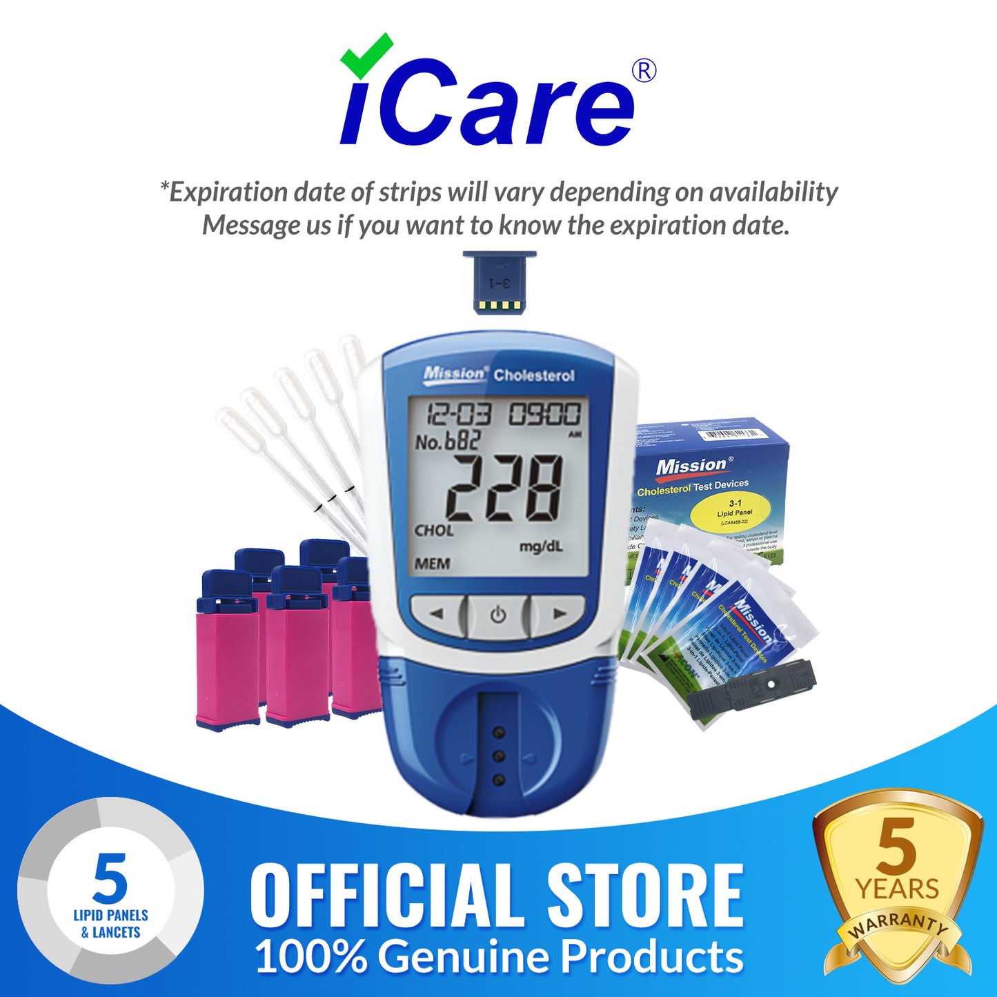 iCare Mission Cholesterol Meter for testing Total Cholesterol, High Density Lipoprotein, Triglycerides also includes Low Density Lipoprotein, CHOL/HDL ratio, and Cardiac Risk Assessment. ACON