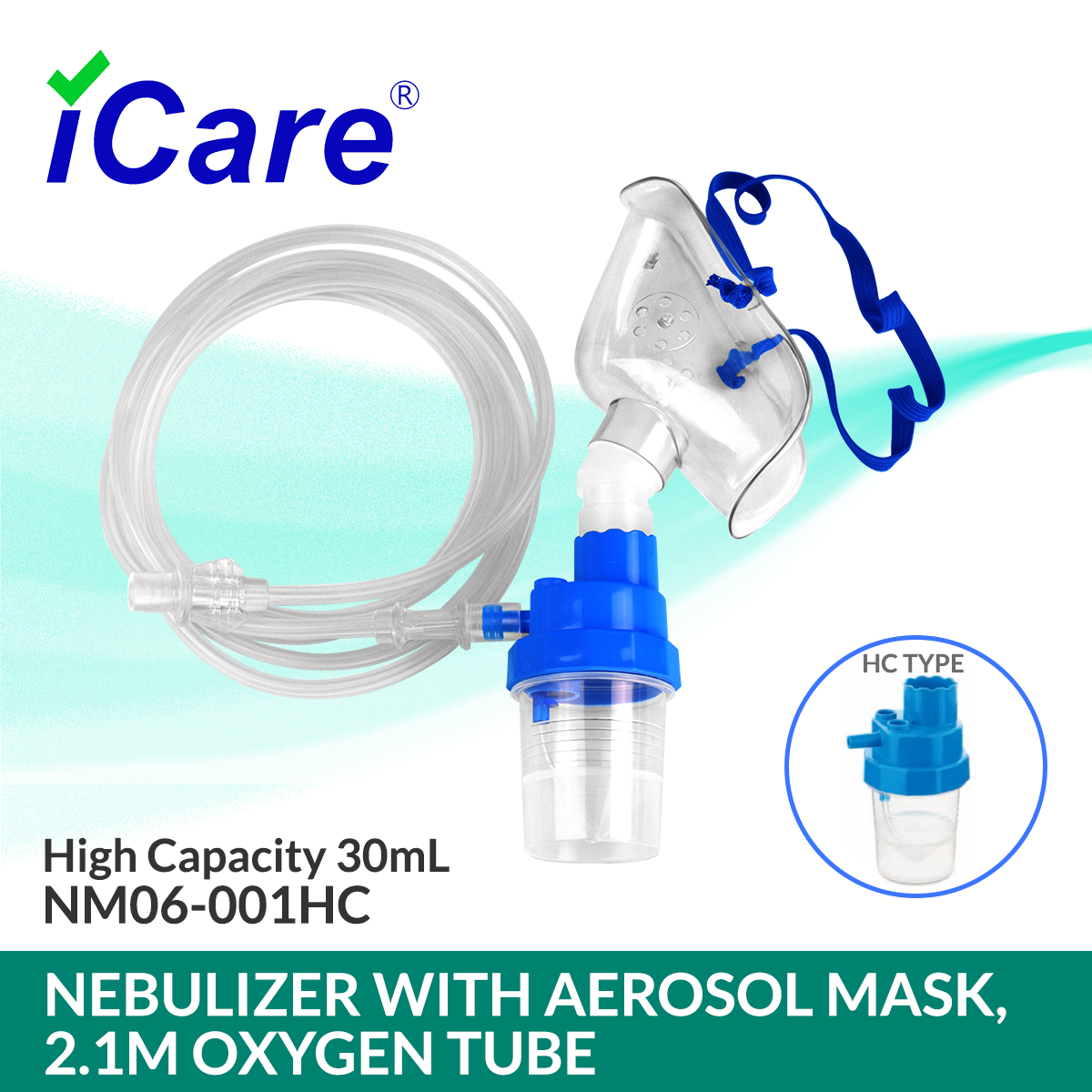 iCare® NM06-001HC Nebulizer Kit (High Capacity 30mL) with Adult Aerosol Mask, 2.1m Oxygen Tube