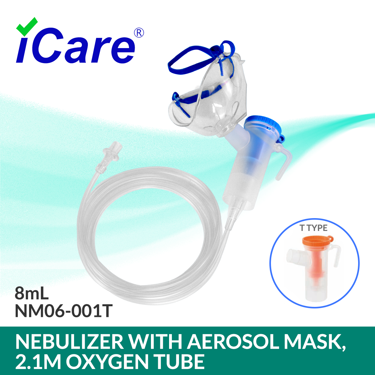 iCare® NM06-001T (8mL) Nebulizer Kit with Adult Aerosol Mask, 2.1m Oxygen Tube