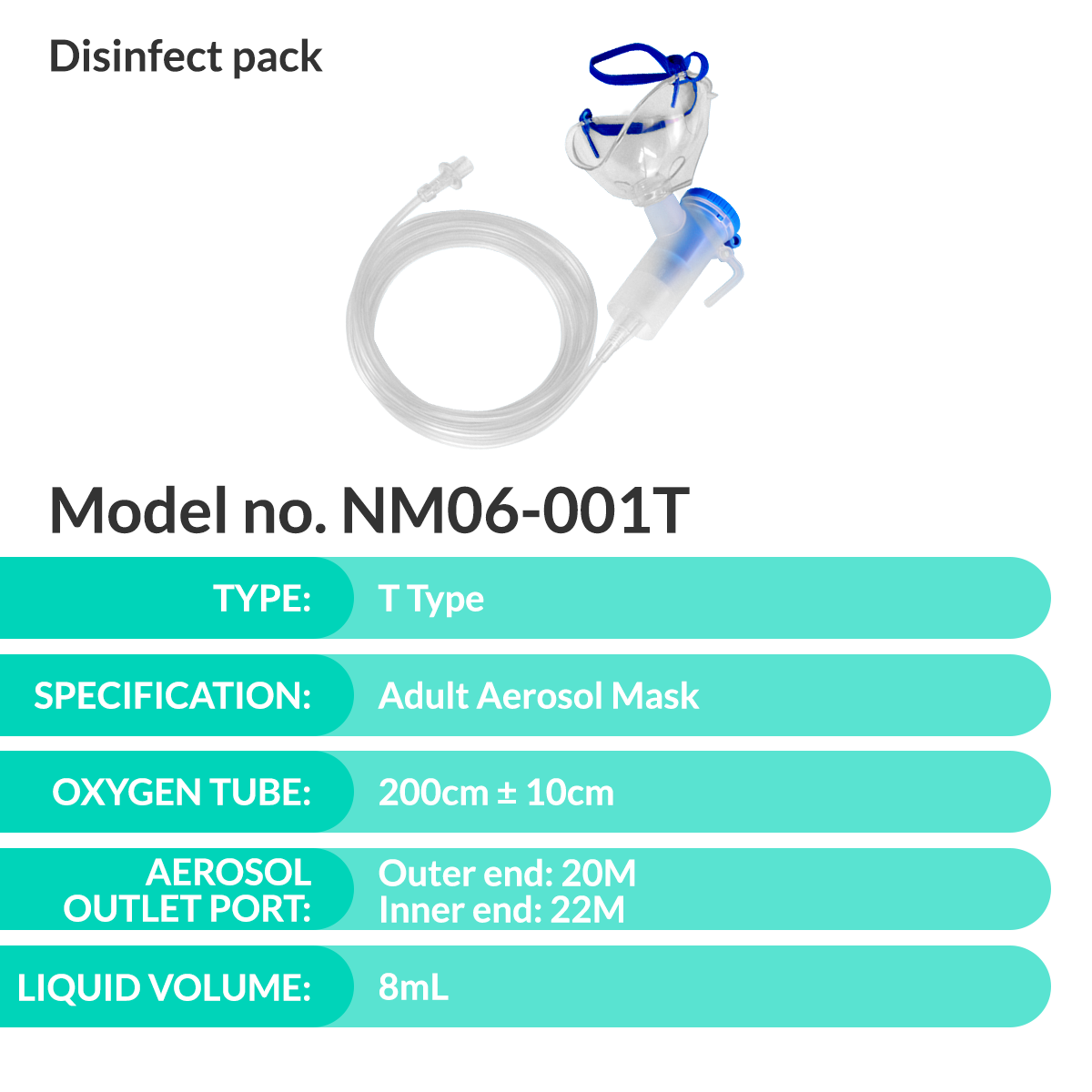 iCare® NM06-001T (8mL) Nebulizer Kit with Adult Aerosol Mask, 2.1m Oxygen Tube