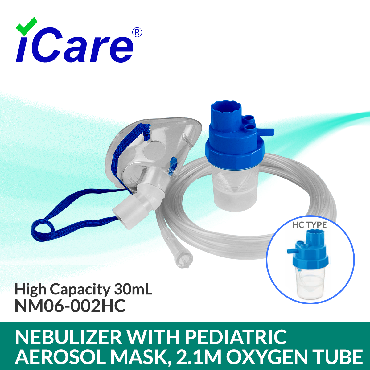 iCare® NM06-002HC Nebulizer Kit (High Capacity 30mL) with Pediatric Aerosol Mask, 2.1m Oxygen Tube