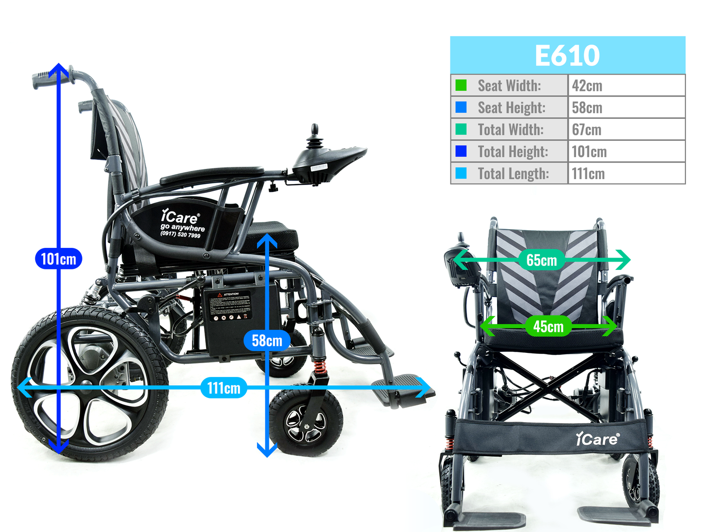 iCare® E610 Max Electromagnetic Brake Wheelchair Heavy Duty 16" for Disabled and Elderly People (110kg Load Limit, 52kg Wheelchair Weight)