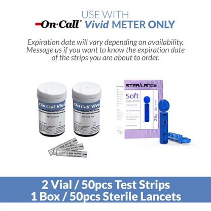 iCare® VividT50 On Call Vivid Test Strips (50 Pieces) in Vial with 50 Lancets ONLY COMPATIBLE WITH ON CALL VIVID BLOOD GLUCOSE MONITORING SYSTEM