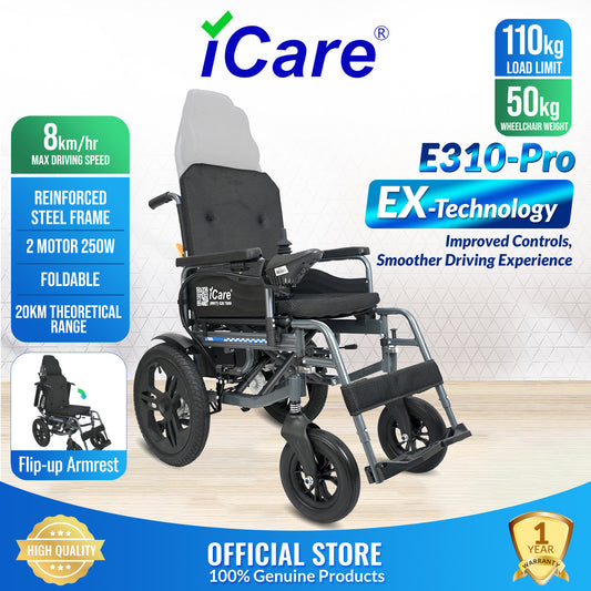 iCare® E310 Pro New Model Electric Wheelchair HEAVY DUTY (110kg Load Limit, 50kg Wheelchair Weight)