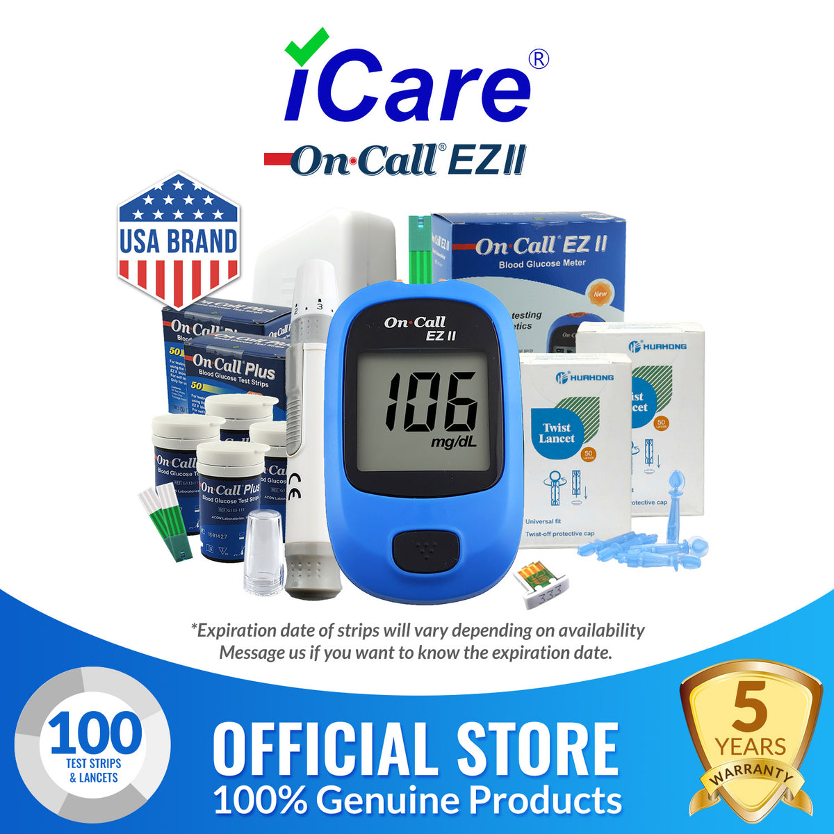 ACON On Call EZII Painless Blood Glucose Meter with Test Strips and Lancets