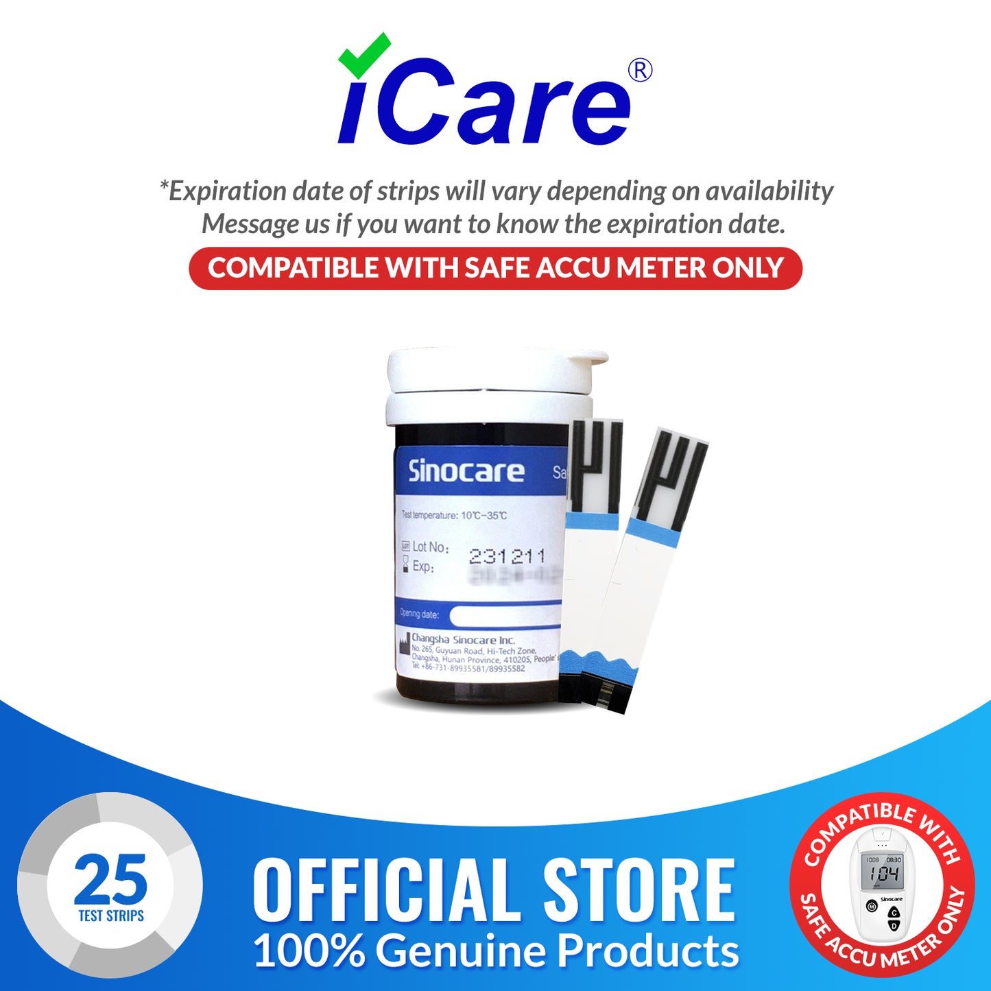 iCare® Safe Accu Glucose Test Strips COMPATIBLE WITH SAFE ACCU GLUCOSE METER ONLY