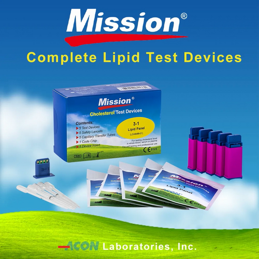 iCare® Mission-T5 Mission Lipid Panel USE WITH Mission Cholesterol Meter: 5 Test Devices, 5 Safety Lancets, 5 Capillary Transfer Tubes, 1 Code Chip, 1 Device Insert