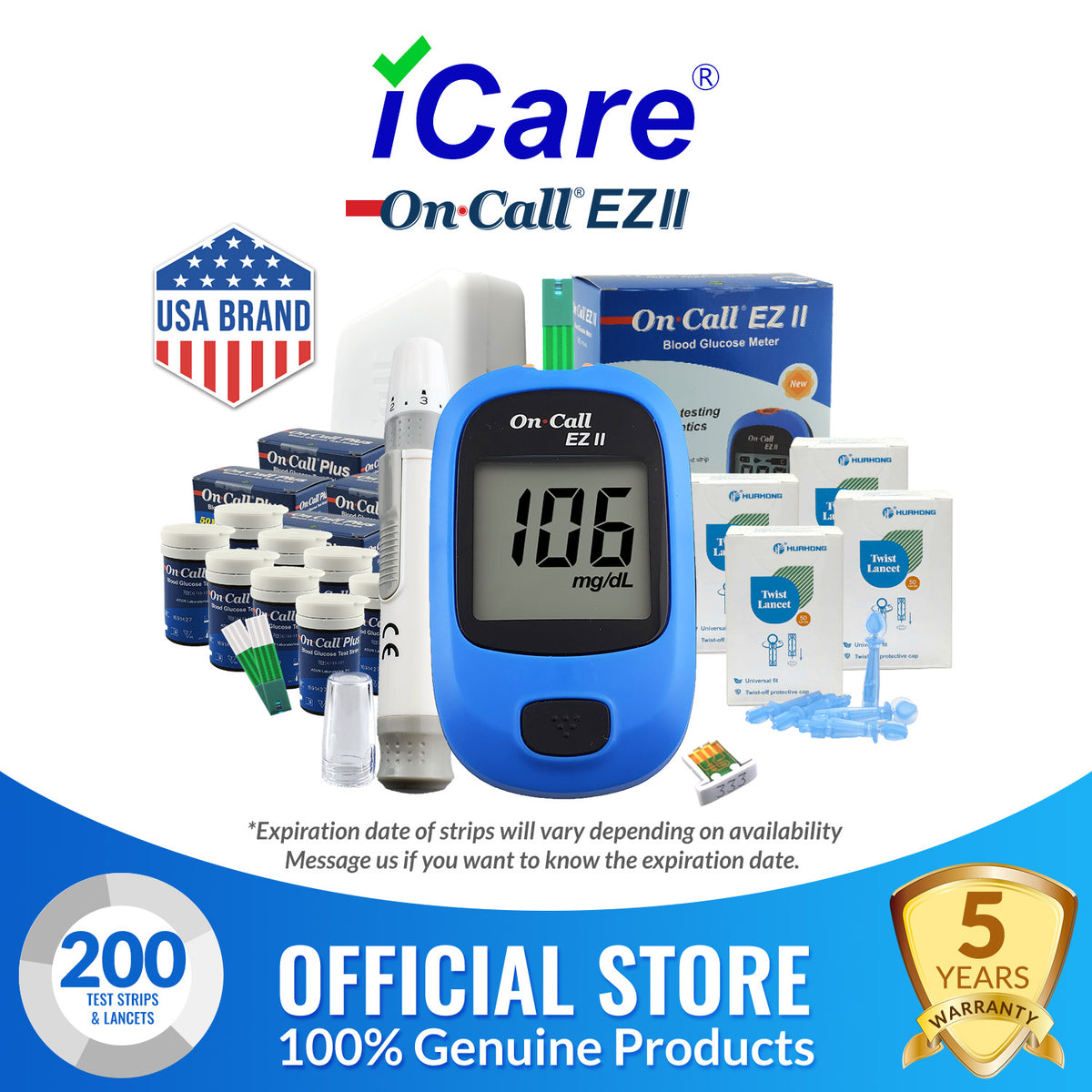 ACON On Call EZII Painless Blood Glucose Meter with Test Strips and Lancets