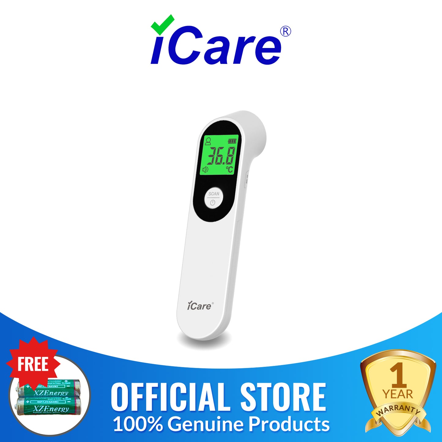 iCare® E66 Contactless Infrared Forehead Thermometer with Fever Alarm for Adults, Children Batteries Included