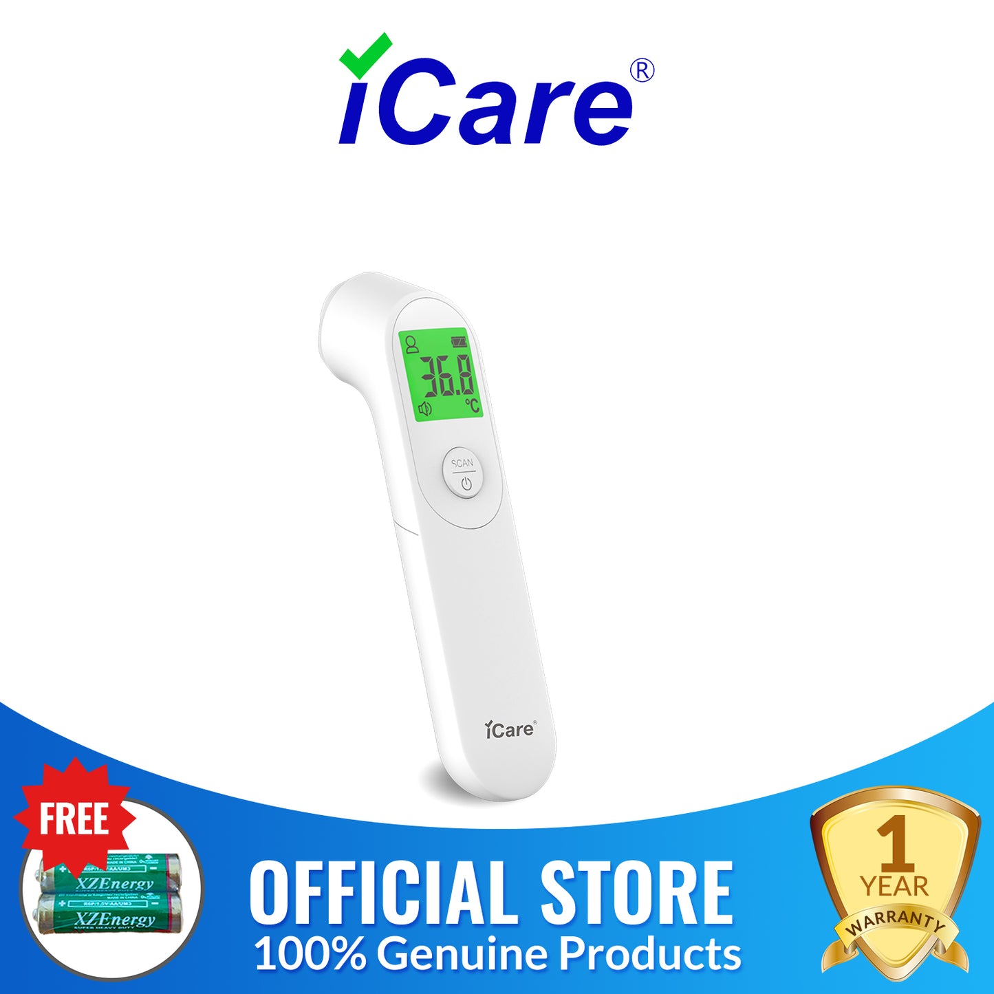 iCare® E66 Contactless Infrared Forehead Thermometer with Fever Alarm for Adults, Children Batteries Included