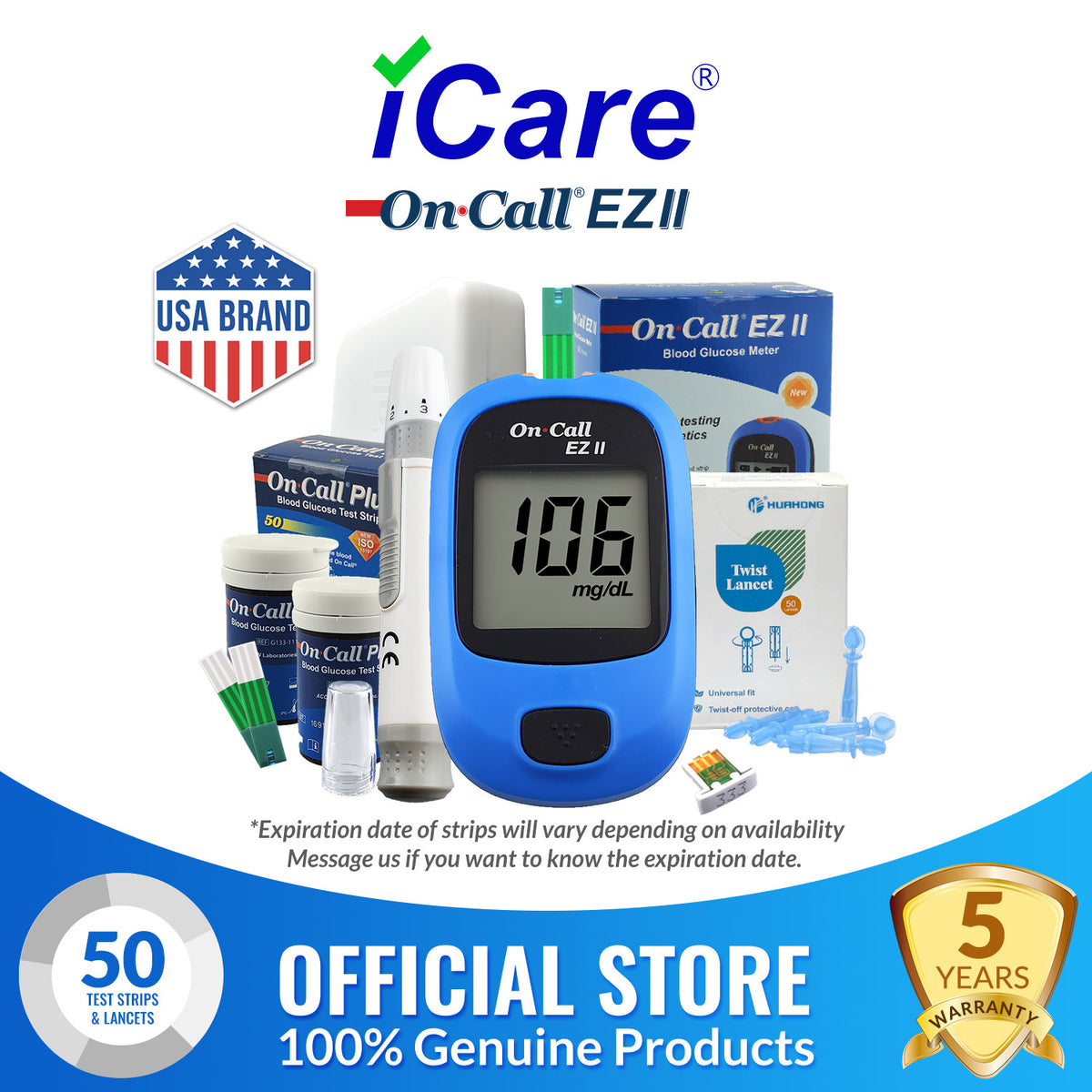 ACON On Call EZII Painless Blood Glucose Meter with Test Strips and Lancets