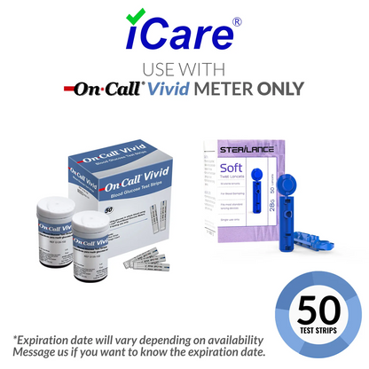 iCare® VividT50 On Call Vivid Test Strips (50 Pieces) in Vial with 50 Lancets ONLY COMPATIBLE WITH ON CALL VIVID BLOOD GLUCOSE MONITORING SYSTEM