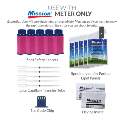 iCare® Mission-T5 Mission Lipid Panel USE WITH Mission Cholesterol Meter: 5 Test Devices, 5 Safety Lancets, 5 Capillary Transfer Tubes, 1 Code Chip, 1 Device Insert