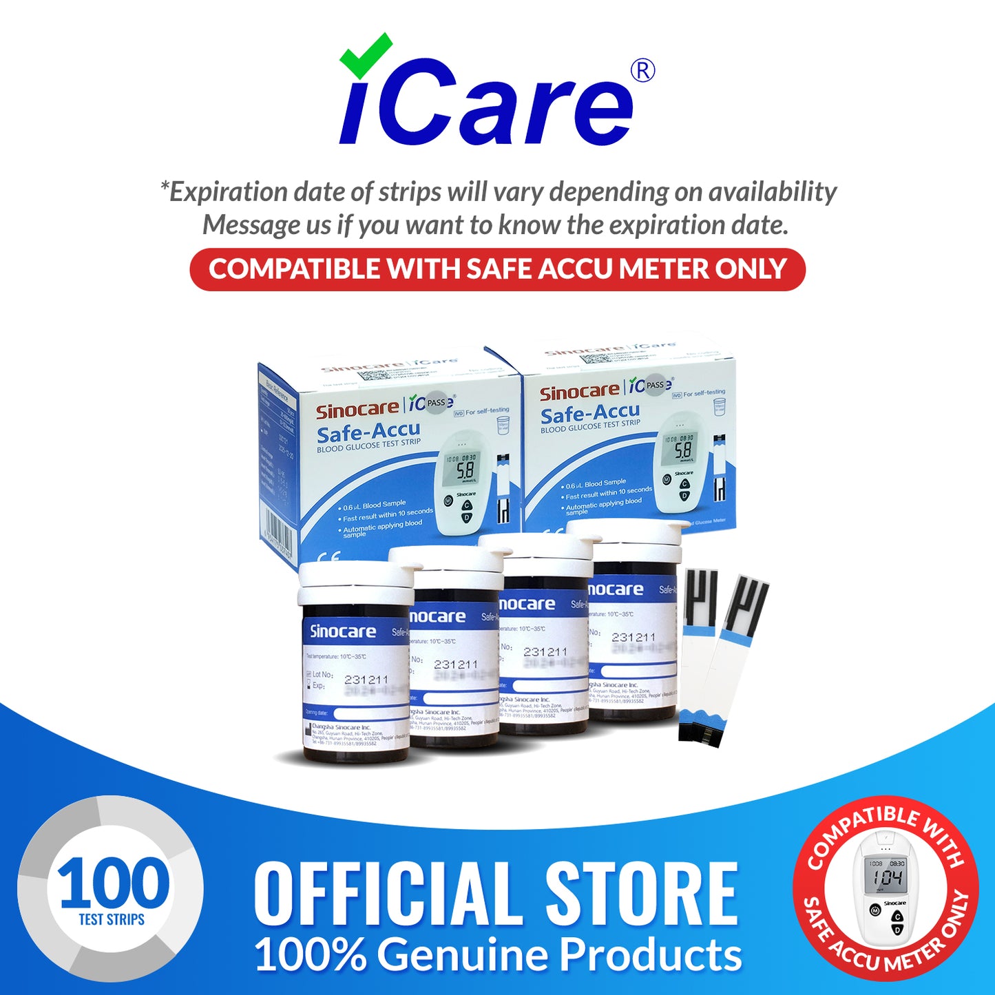 iCare® Safe Accu Glucose Test Strips COMPATIBLE WITH SAFE ACCU GLUCOSE METER ONLY