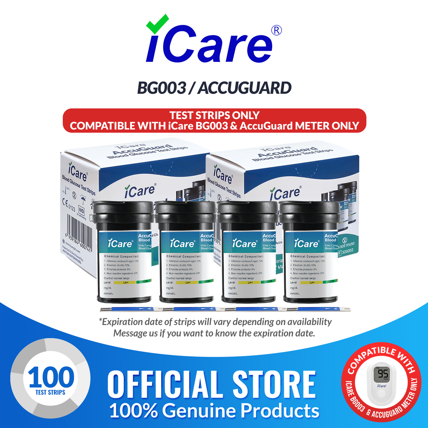 iCare AG-A100 100pcs Test Strips Compatible with BG003 and AccuGuard Blood Glucose Meter ONLY