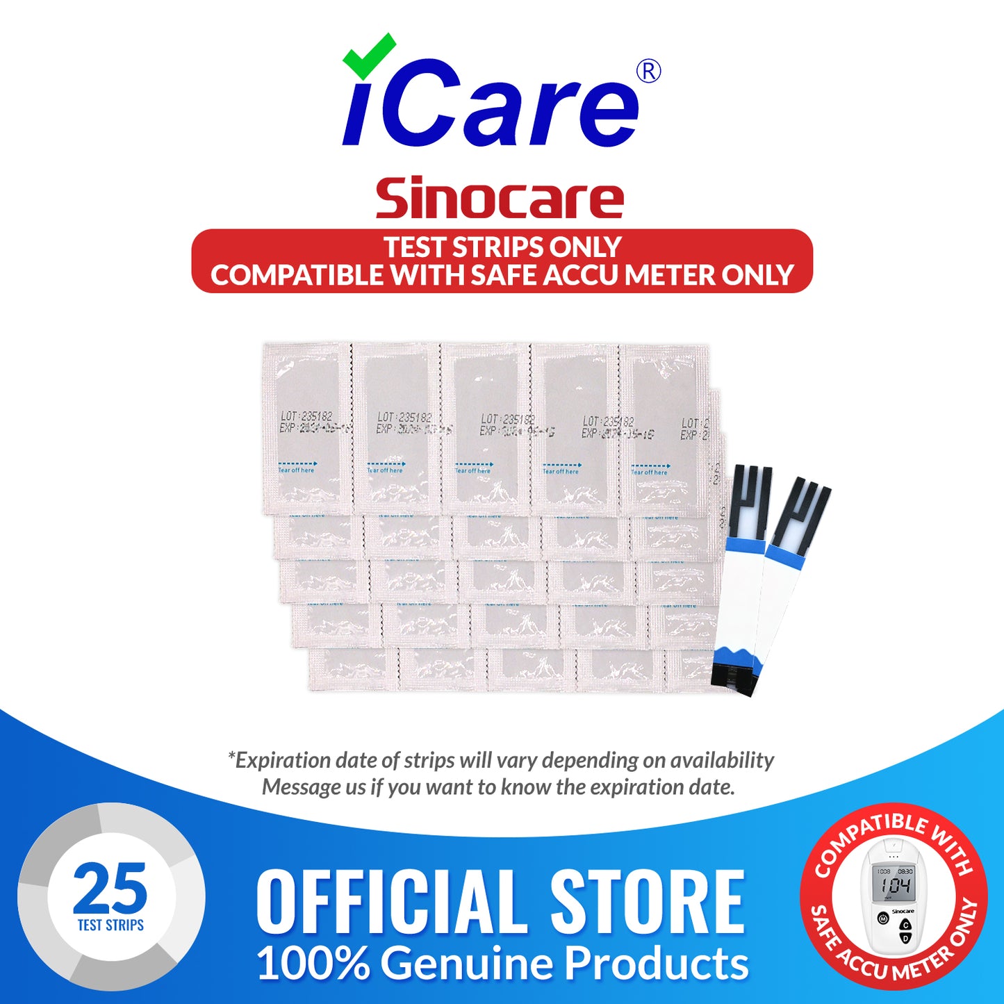 iCare® Safe Accu Glucose Test Strips 25pcs Individually Packed USE ONLY WITH SAFE ACCU GLUCOSE METER SA