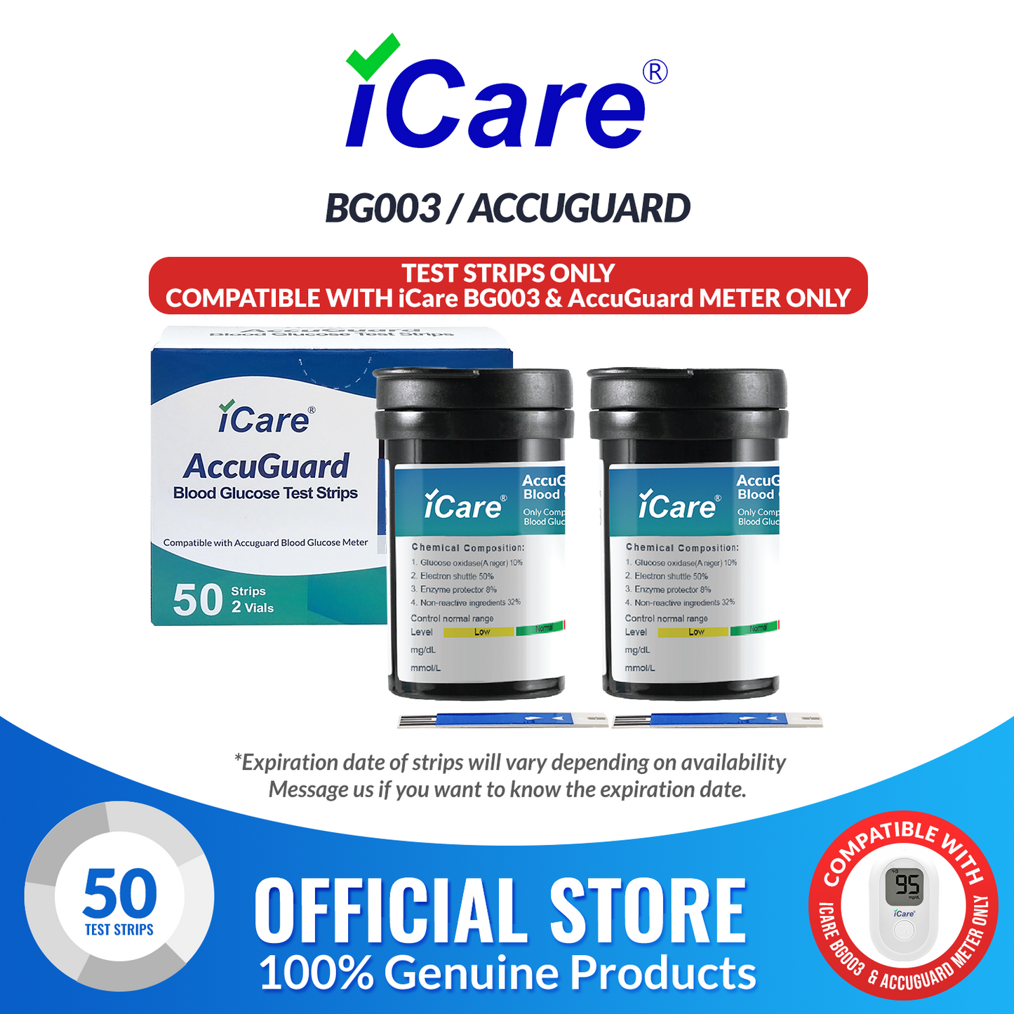 iCare AG-A50 50pcs Blood Glucose Test Strips for iCare BG003 and AccuGuard Blood Glucose Meter Compatible with BG003 Blood Glucose Meter  ONLY
