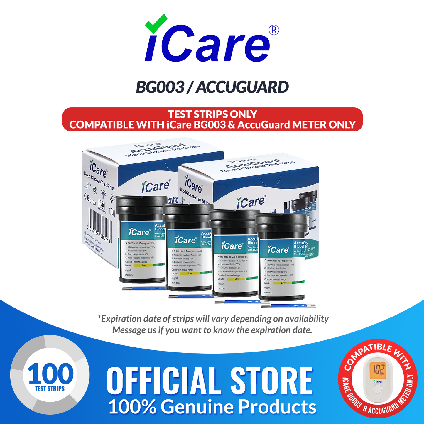 iCare AG-A100 100pcs Test Strips Compatible with BG003 and AccuGuard Blood Glucose Meter ONLY