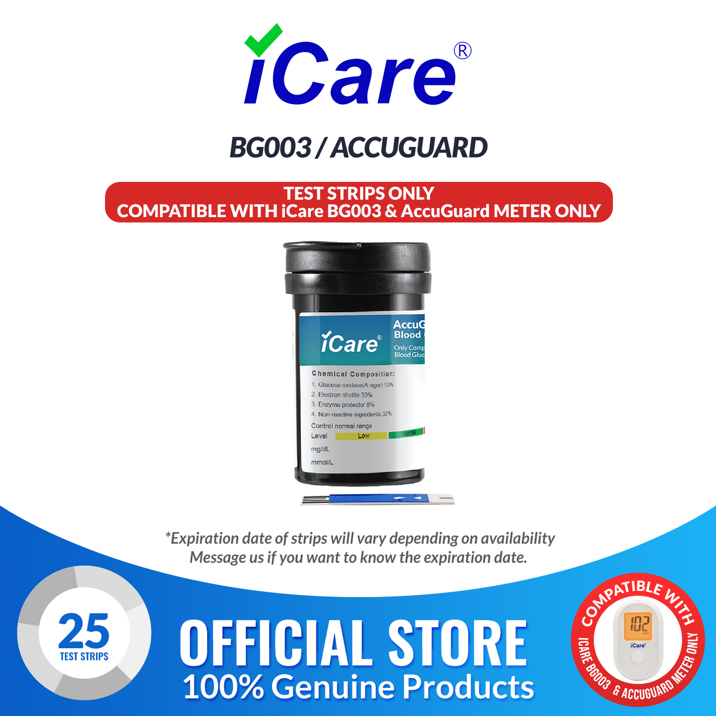 iCare AG-A25 25pcs Blood Glucose Test Strips for iCare BG003 and AccuGuard Blood Glucose Meter  Compatible with BG003 Blood Glucose Meter ONLY