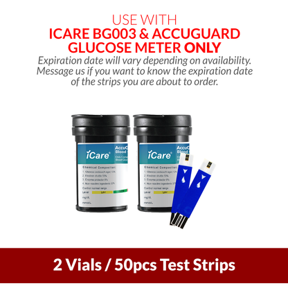 iCare AG-A50 50pcs Blood Glucose Test Strips for iCare BG003 and AccuGuard Blood Glucose Meter Compatible with BG003 Blood Glucose Meter  ONLY