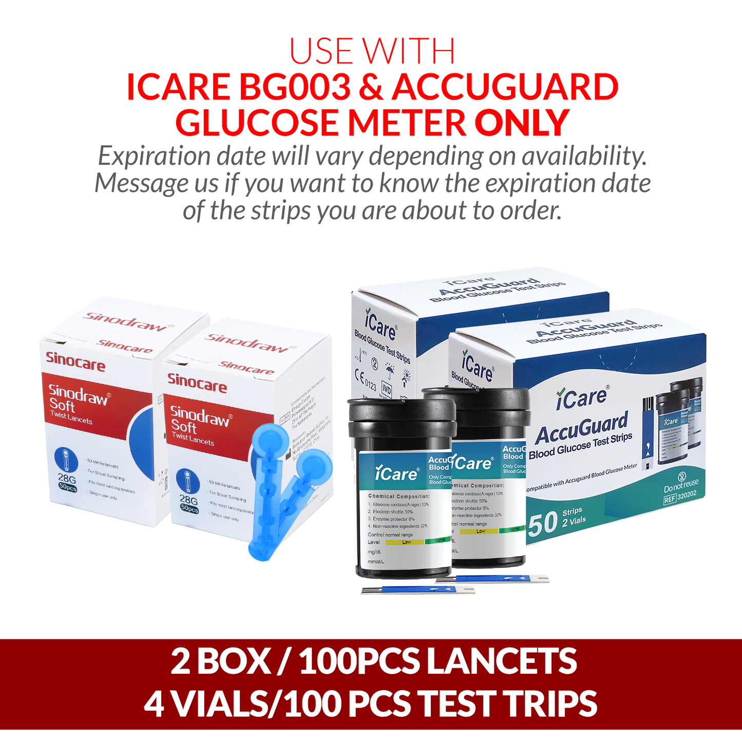 iCare AG-T100 100pcs Test Strips & 100pcs Lancets Compatible with BG003 and AccuGuard Blood Glucose Meter ONLY