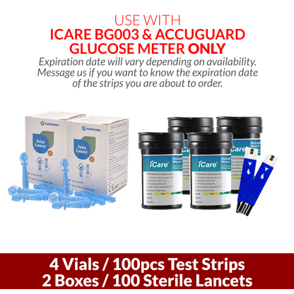iCare AG-T100 100pcs Test Strips & 100pcs Lancets Compatible with BG003 and AccuGuard Blood Glucose Meter ONLY
