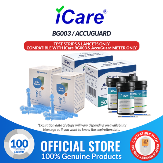 iCare AG-T100 100pcs Test Strips & 100pcs Lancets Compatible with BG003 and AccuGuard Blood Glucose Meter ONLY